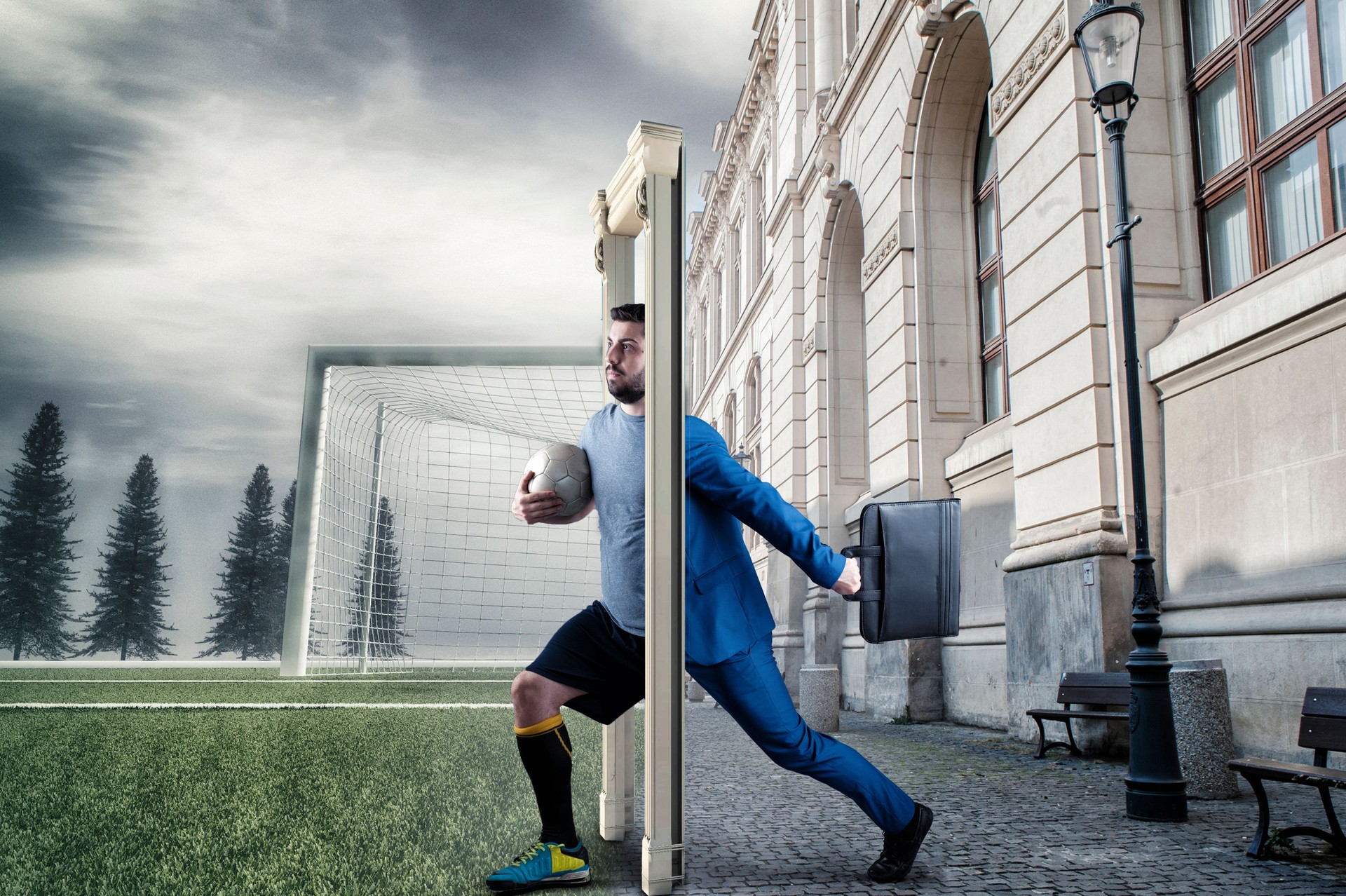 Businessman stepping through door